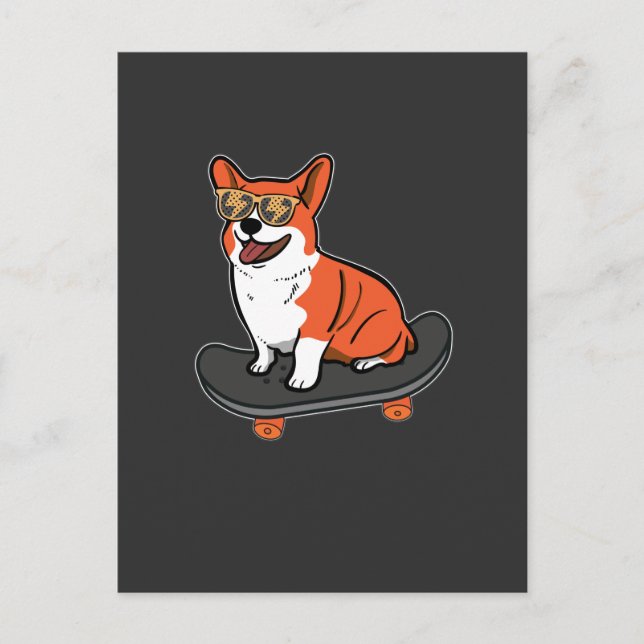 Skateboard Hund Corgi Solglasögon Skater Valp Vykort (Framsida)