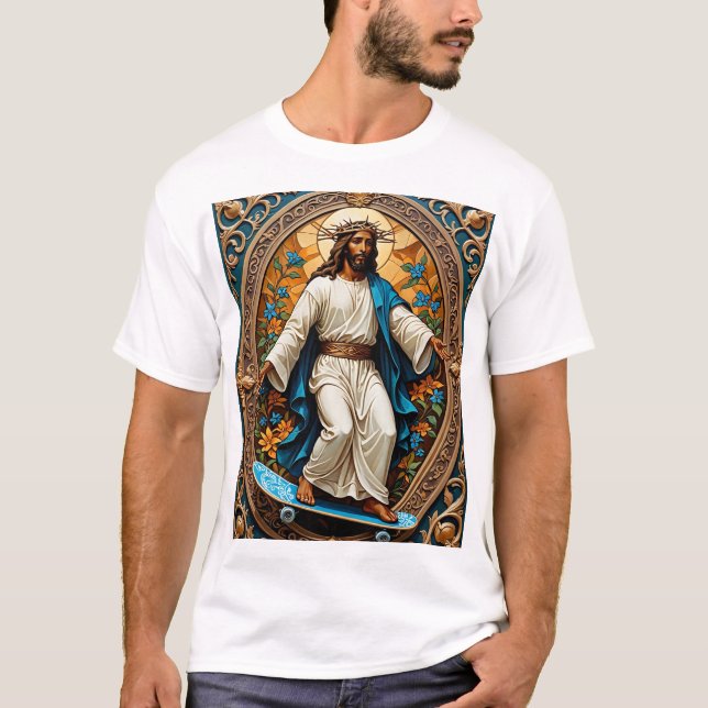 Skateboard Jesus Helig Art Funny Religiösa Tshirt T Shirt (Framsida)