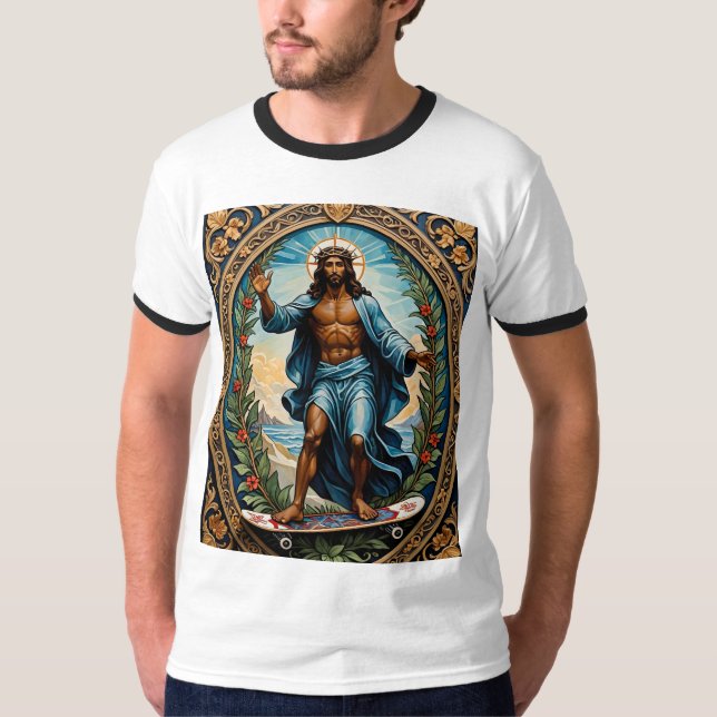 Skateboard Jesus Helig Icon Art Graphic Tee (Framsida)