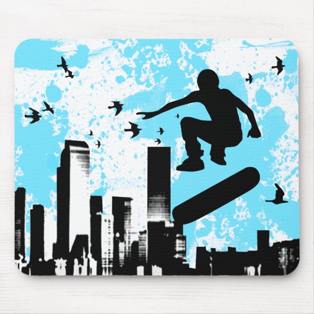 Skateboard. med fåglar. Bläck&teal. Musmatta (Framsidan)