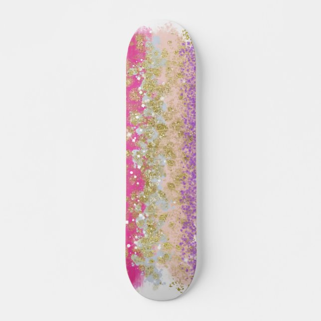 Skateboard med rosa och lila guldprickar (Framsida)