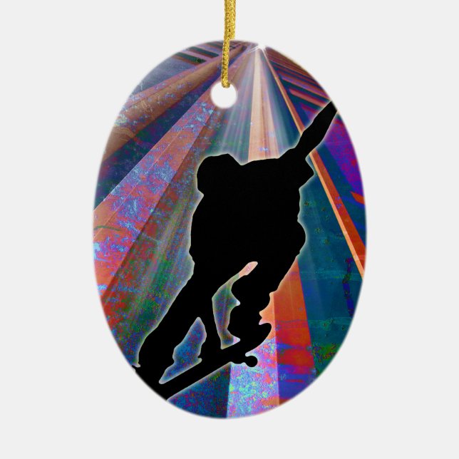 Skateboard på en byggnadstråle julgransprydnad keramik (Framsidan)