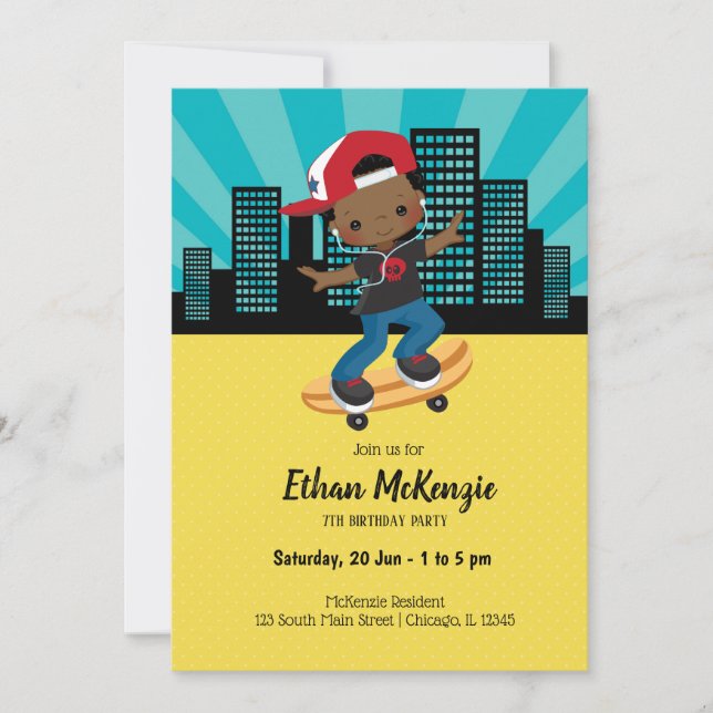 Skateboard-pojke - välj din bakgrund färg inbjudningar (Framsida)