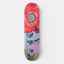 SKATEBOARD RED POPPIES OCH BLUE BUTTERFLIES