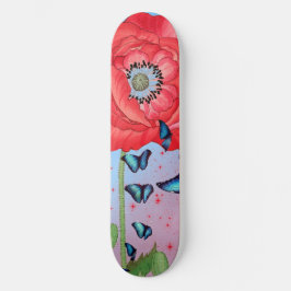 SKATEBOARD RED POPPIES OCH BLUE BUTTERFLIES