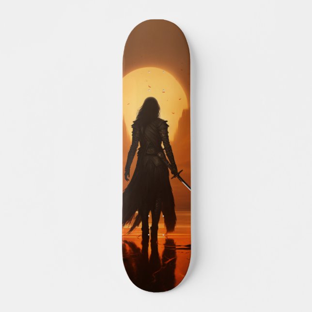 Skateboard Silueta de mujer guerrera al amanecer (Framsida)
