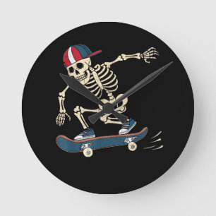 Skateboard Skeleton Halloween Skateboarding Skater Rund Klocka