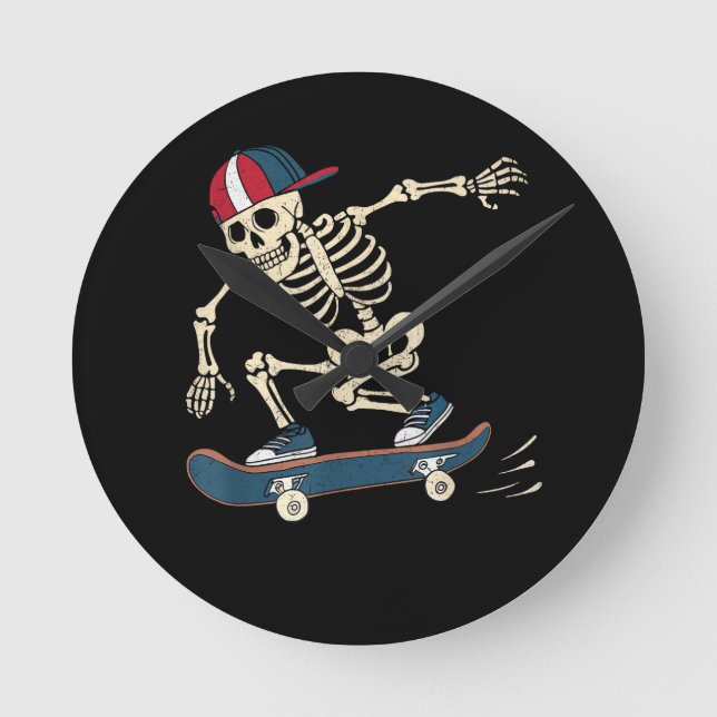 Skateboard Skeleton Halloween Skateboarding Skater Rund Klocka (Framsida)