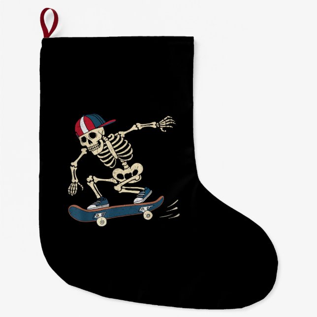 Skateboard Skeleton Halloween Skateboarding Skater Stor Julstrumpa (Framsidan)