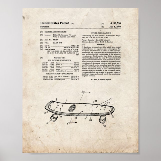 Skateboard Structure Patent - gammalt utseende Poster (Framsidan)