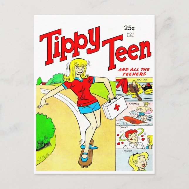 Skateboard Tonåring Girl Tecknad Vykort (Framsida)