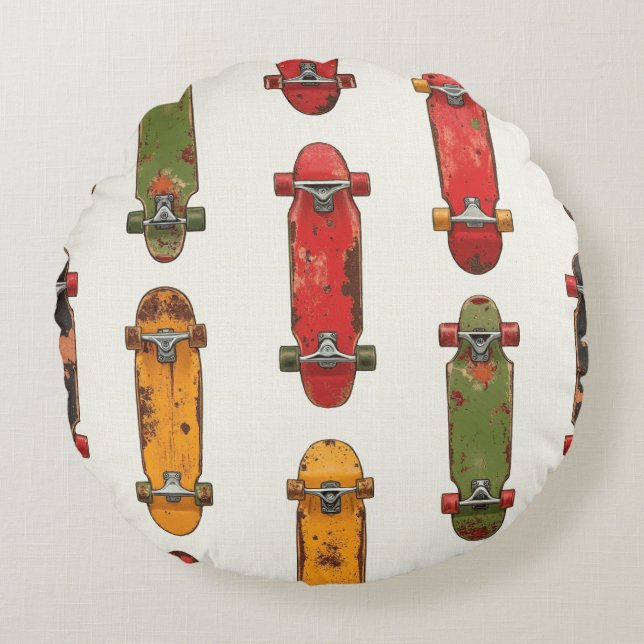 "Skateboard Under Deck" Vintage Mönster Rund Kudde (Framsidan)