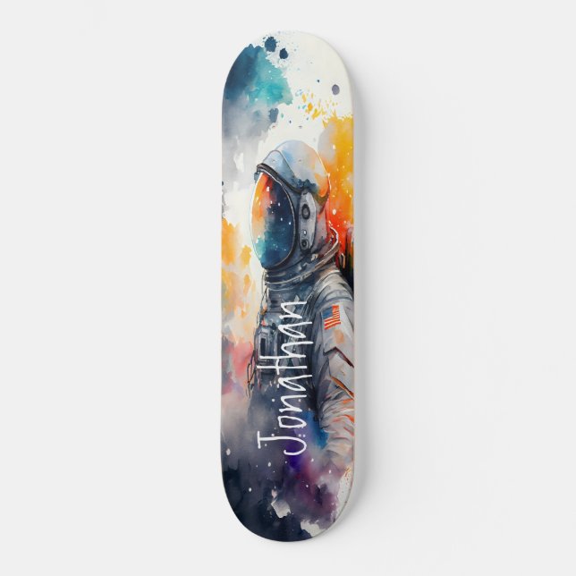 Skateboard Watercolor Måne Astronaut (Framsida)