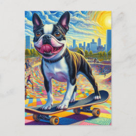 Skateboardåkande Boston Terrier Färgglad Kul Surre Vykort