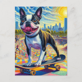 Skateboardåkande Boston Terrier Färgglad Kul Surre Vykort