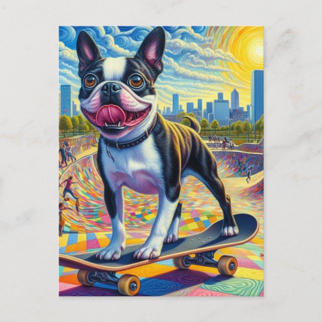 Skateboardåkande Boston Terrier Färgglad Kul Surre Vykort (Framsida)