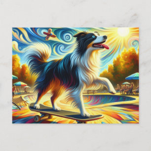 Skateboardåkande Färgrik Trefärgad Border Collie Vykort