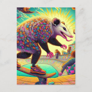 Skateboardåkande Surreal Adorable Opossum Vykort