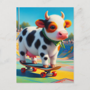Skateboardåkning Surreal Färgrik och Rolig Ko Vykort