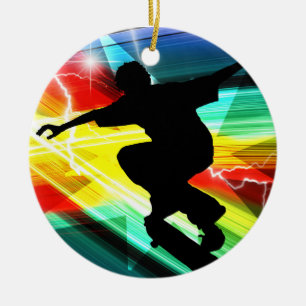 Skateboarder i korsmönstrad blixt julgransprydnad keramik