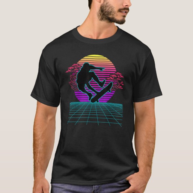 Skateboarder Retro 80s Vaporwave Stil Skateboardi T Shirt (Framsida)