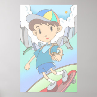 Skateboarder speeds through the city streets. poster