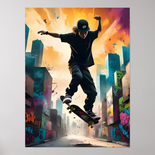 Skateboarder under flygning - Dynamic Mid-Luft Tri Poster (Framsidan)
