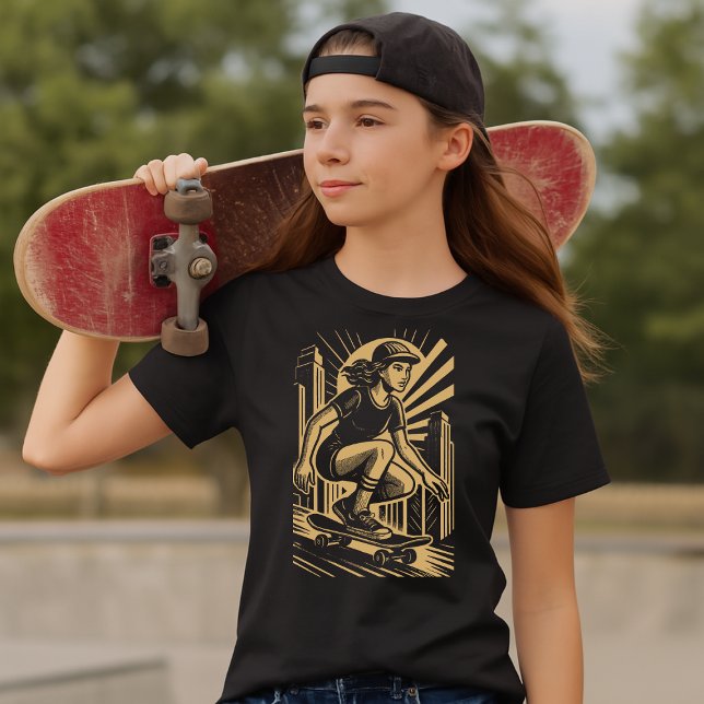 Skateboardflicka i retro art deco guldstil t shirt (Skapare uppladdad)