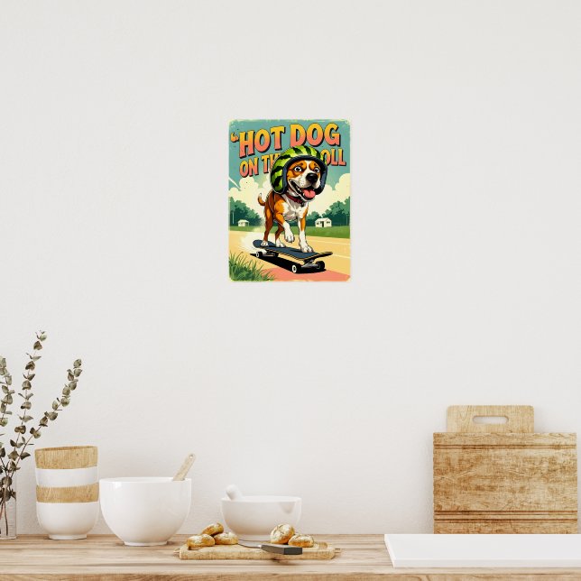 Skateboardhund sommar rolig retro strand  poster (Kök)