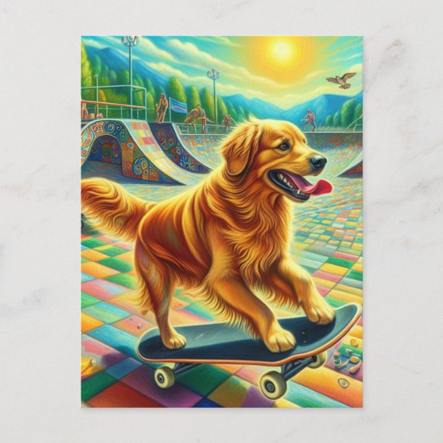 Skateboarding Adsible Golden Retriever Hund Vykort (Framsida)
