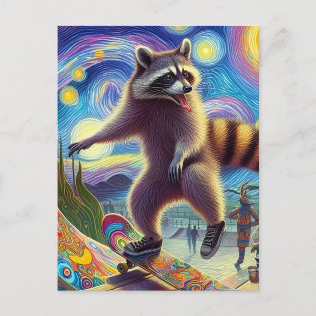 Skateboarding Adsible Surreal Raccoon Vykort (Framsida)