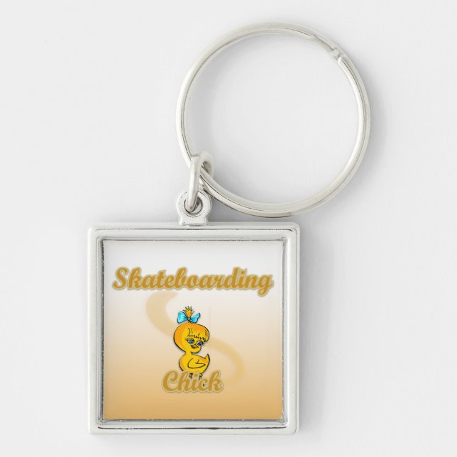 Skateboarding-Chick Fyrkantig Silverfärgad Nyckelring (Framsidan)