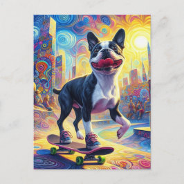 Skateboarding Colorful Surreal Boston Terrier Vykort
