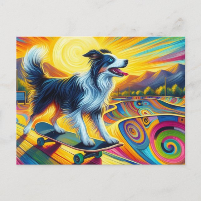 Skateboarding Colorful Surreal Gräns Collie Vykort (Framsida)