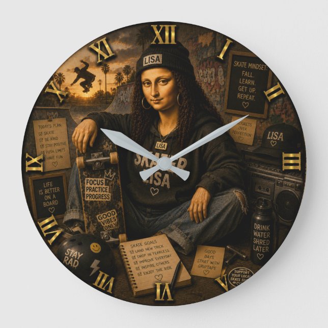 Skateboarding Funny Mona Lisa Skater Gift Stor Klocka (Framsida)