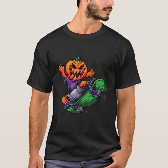 Skateboarding Halloween Retro Sunset Party Pumpkin T Shirt (Framsida)