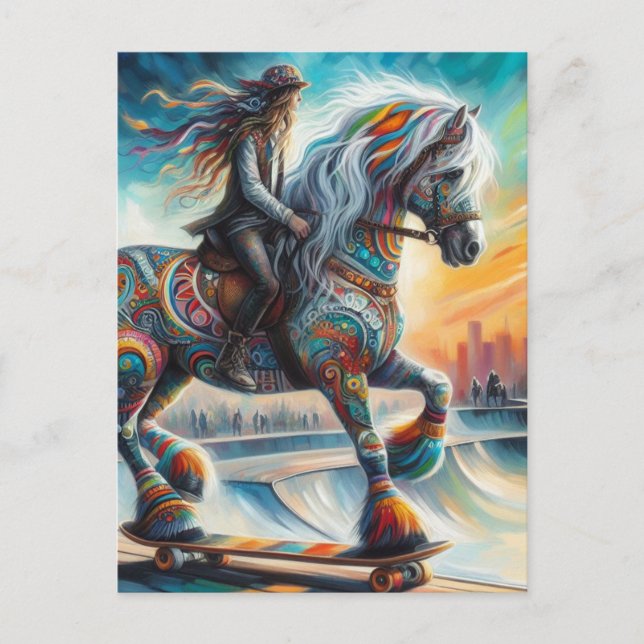 Skateboarding Horse and Rider Vykort (Framsida)