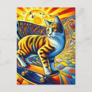 Skateboarding Kattunge Surreal Colorful and Roligt Vykort
