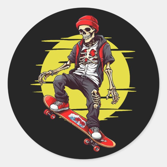 Skateboarding Skeleton Runt Klistermärke (Framsida)