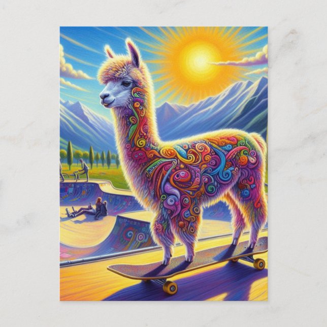 Skateboarding Surreal Adreal Adsible Alpaca Postca Vykort (Framsida)