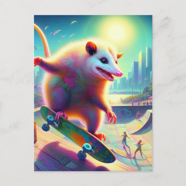 Skateboarding Surreal Adsible Opossum Vykort (Framsida)