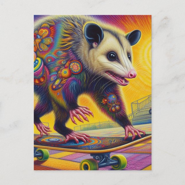 Skateboarding Surreal Adsible Opossum Vykort (Framsida)