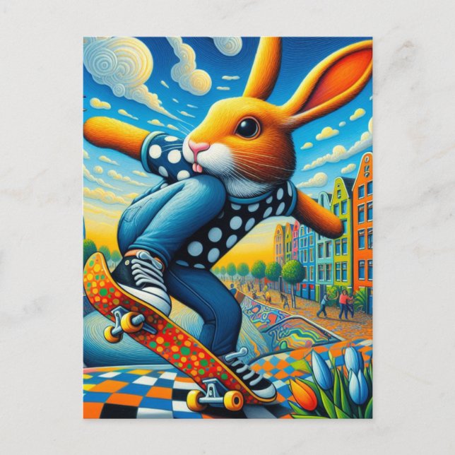 Skateboarding Surreal Adsible Rabbit Vykort (Framsida)