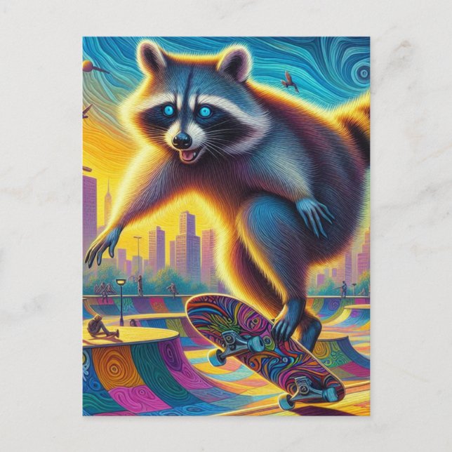 Skateboarding Surreal Adsible Raccoon Vykort (Framsida)