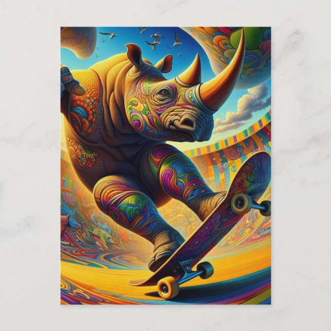 Skateboarding Surreal Adsible Rhino Vykort (Framsida)