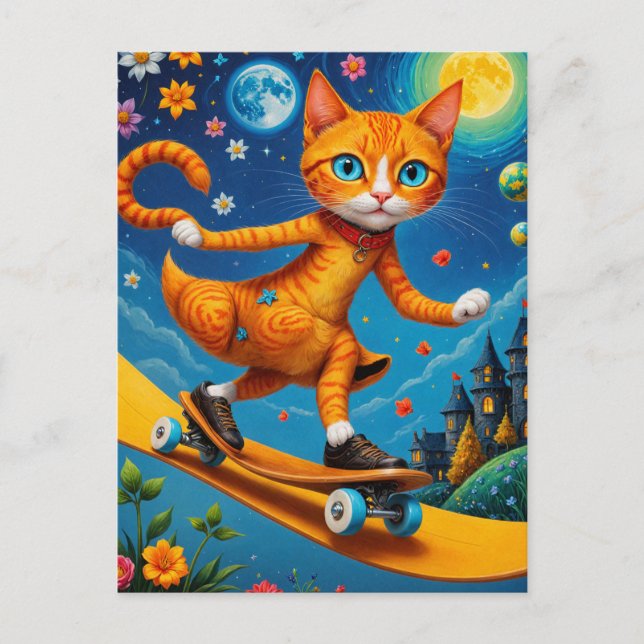 Skateboarding Surreal Ginger Cat Vykort (Framsida)