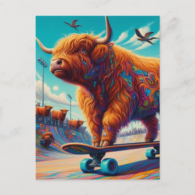 Skateboarding Surreal Highland Cow Vykort (Framsida)