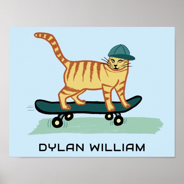 Skateboarding Tabby katt Cute CUSTOM NAME Nursery Poster (Framsidan)