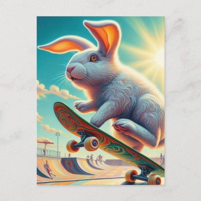 Skateboarding White Bunny Surreal Colorful and Rol Vykort (Framsida)