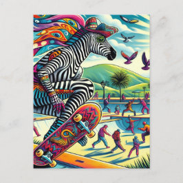 Skateboarding Zebra Colorful and Roligt Vykort